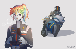 Size: 1983x1284 | Tagged: safe, artist:tcn1205, character:rainbow dash, species:human, my little pony:equestria girls, female, helmet, humanized, looking at you, motorcycle, motorcycle helmet, pony coloring, solo