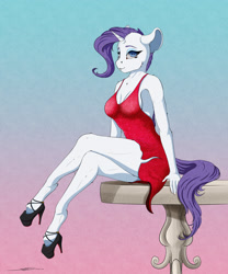 Size: 2500x3000 | Tagged: safe, artist:skitsroom, character:rarity, species:anthro, species:pony, species:unguligrade anthro, backless, clothing, dress, ear fluff, female, gradient background, high heels, high res, leg fluff, looking at you, mare, shoes, side slit, sitting, solo