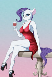 Size: 2000x3000 | Tagged: safe, artist:skitsroom, character:rarity, species:anthro, species:pony, species:unguligrade anthro, alcohol, backless, breasts, clothing, dress, ear fluff, female, glass, gradient background, high heels, high res, leg fluff, looking at you, mare, shoes, side slit, sitting, solo, wine, wine glass