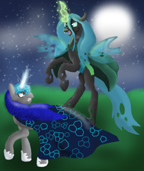 Size: 978x1163 | Tagged: safe, artist:mr100dragon100, character:queen chrysalis, oc, oc:techno universal, species:pony, species:unicorn, cape, clothing, female, requested art