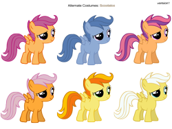 Size: 3600x2700 | Tagged: safe, artist:moongazeponies, artist:pika-robo, character:archer, character:scootaloo, character:scootaloo (g3), species:pegasus, species:pony, g3, alternate costumes, archer (character), female, filly, foal, g3 to g4, generation leap, palette swap, peachy pie, recolor, scootablue, simple background, sunny daze, transparent background