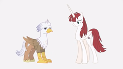 Size: 2880x1620 | Tagged: safe, artist:mlp-silver-quill, oc, oc only, oc:fausticorn, oc:silver quill, species:alicorn, species:classical hippogriff, species:hippogriff, species:pony, alicorn oc, duo, female, gray background, looking sideways, male, mare, simple background, unamused, void