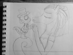 Size: 900x683 | Tagged: safe, artist:supra80, character:mane-iac, character:spike, species:anthro, clothing, dress, hat, kissing, marriage, pencil drawing, spike-iac, top hat, traditional art, wedding, wedding dress, wedding veil