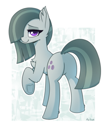 Size: 1227x1456 | Tagged: safe, artist:puetsua, character:marble pie, species:earth pony, species:pony, abstract background, butt, chest fluff, female, hair over one eye, lidded eyes, looking back, marblebutt, mare, plot, raised hoof, rear view, simple background, smiling, solo, underhoof