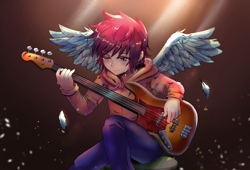 Size: 4400x3000 | Tagged: safe, artist:tzc, character:scootaloo, species:human, species:pegasus, species:pony, anime, bass guitar, clothing, commission, crepuscular rays, crying, feather, female, hoodie, humanized, musical instrument, one eye closed, pants, sad, scootabass, sitting, solo, winged humanization, wings