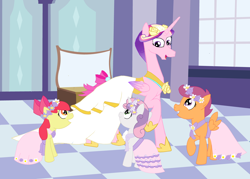 Size: 5848x4184 | Tagged: safe, artist:mr100dragon100, character:apple bloom, character:princess cadance, character:scootaloo, character:sweetie belle, species:alicorn, species:pegasus, species:pony, episode:a canterlot wedding, g4, my little pony: friendship is magic, bride, bridesmaid dress, clothing, cutie mark crusaders, dress, female, flower filly, flower girl, flower girl dress, marriage, wedding, wedding dress, wedding veil