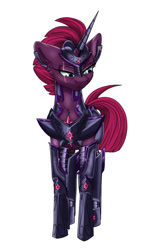 Size: 900x1472 | Tagged: safe, artist:tillie-tmb, character:fizzlepop berrytwist, character:tempest shadow, species:pony, fanfic:the amulet of shades, armor, fanfic art, female, prosthetic horn, prosthetics, royal guard, simple background, solo, tempest becomes a royal guard, tempest gets her horn back, twilight's royal guard, white background