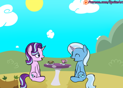 Size: 1400x1000 | Tagged: safe, artist:spritepony, character:starlight glimmer, character:trixie, species:pony, cup, food, magic, patreon, patreon link, patreon logo, sandwich, sitting, tea, teacup, telekinesis
