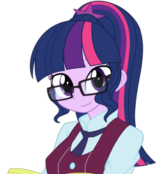 Size: 7000x7800 | Tagged: dead source, safe, artist:caibaoreturn, artist:pink1ejack, edit, character:twilight sparkle, character:twilight sparkle (scitwi), species:eqg human, equestria girls:friendship games, g4, my little pony: equestria girls, my little pony:equestria girls, absurd resolution, book, clothing, color edit, colored, crystal prep academy uniform, female, glasses, looking at you, ponytail, school uniform, simple background, smiling, solo, transparent background, vector