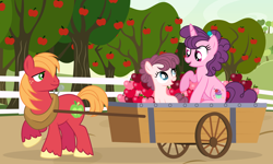 Size: 3740x2248 | Tagged: safe, artist:velveagicsentryyt, character:big mcintosh, character:sugar belle, oc, oc:applie, parent:big macintosh, parent:sugar belle, parents:sugarmac, species:pony, ship:sugarmac, apple tree, cart, cute, female, filly, macabetes, male, ocbetes, offspring, shipping, straight, sugarbetes, tree