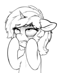 Size: 1567x1945 | Tagged: safe, artist:zippysqrl, oc, oc only, oc:sign, species:pony, species:unicorn, bust, chest fluff, female, floppy ears, freckles, grayscale, hooves on face, monochrome, simple background, solo, ugh, white background
