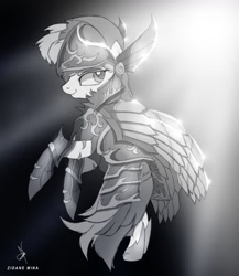 Size: 1126x1300 | Tagged: safe, artist:zidanemina, character:songbird serenade, species:pony, my little pony: the movie (2017), armor, crossover, female, helmet, looking back, mare, saint seiya, scale, smiling, solo