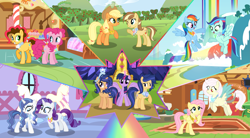 Size: 5633x3103 | Tagged: safe, artist:velveagicsentryyt, character:applejack, character:fluttershy, character:pinkie pie, character:rainbow dash, character:rarity, character:twilight sparkle, character:twilight sparkle (alicorn), oc, oc:apple pie, oc:destiny, oc:galaxy swirls, oc:party pie, oc:rainbow blitzes, oc:sky city, oc:velvet sentry, parent:applejack, parent:caramel, parent:cheese sandwich, parent:discord, parent:fancypants, parent:flash sentry, parent:fluttershy, parent:pinkie pie, parent:rainbow dash, parent:rarity, parent:soarin', parent:twilight sparkle, parents:carajack, parents:cheesepie, parents:discoshy, parents:flashlight, parents:raripants, parents:soarindash, species:alicorn, species:pony, apple tree, big crown thingy, carousel boutique, colored wings, colored wingtips, draconequus hybrid, element of generosity, element of honesty, element of kindness, element of laughter, element of loyalty, element of magic, elements of harmony, fluttershy's cottage, generation xerox, heterochromia, hybrid, interspecies offspring, jewelry, mane six, mannequin, next generation, offspring, rainbow falls (location), rainbow waterfall, regalia, sugarcube corner, sweet apple acres, tree, twilight's castle