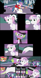 Size: 3896x7364 | Tagged: safe, artist:mr100dragon100, character:apple bloom, character:princess cadance, character:rarity, character:scootaloo, character:shining armor, character:spike, character:sweetie belle, character:twilight sparkle, character:twilight sparkle (unicorn), species:alicorn, species:pegasus, species:pony, species:unicorn, ship:scootaspike, ship:spikebelle, episode:a canterlot wedding, g4, my little pony: friendship is magic, bride, bridesmaid, bridesmaid dress, bridesmaids, clothing, comic, crusadespike, dancing, dress, female, flower filly, flower girl, flower girl dress, hat, kissing, male, marriage, music notes, request, ring, shipping, straight, suit, top hat, tuxedo, waltz, wedding, wedding dress, wedding ring, wedding rings