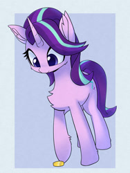 Size: 1280x1703 | Tagged: safe, artist:puetsua, character:starlight glimmer, species:pony, species:unicorn, bits, blue background, cheek fluff, chest fluff, coin, colored pupils, cute, ear fluff, eye clipping through hair, female, fluffy, glimmerbetes, hoof fluff, leg fluff, looking at something, looking down, mare, pushing, raised hoof, simple background, solo