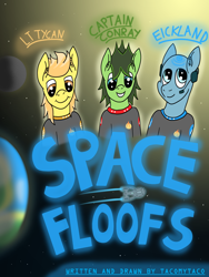 Size: 3024x4032 | Tagged: safe, artist:tacomytaco, oc, oc only, oc:captain conray, oc:eickland, oc:tycan, species:earth pony, species:pony, comic:space floofs, bipedal, clothing, comic, comic cover, headphones, male, planet, space, spaceship, uniform