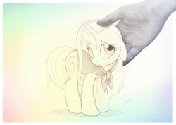 Size: 1042x737 | Tagged: safe, artist:sherwoodwhisper, oc, oc only, oc:eri, species:pony, species:unicorn, cape, clothing, duo, female, hand, mare, offscreen character, sad, teary eyes