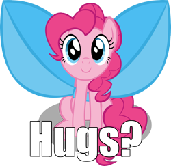 Size: 5118x4982 | Tagged: safe, alternate version, artist:mrkat7214, character:pinkie pie, species:pony, absurd resolution, bow, bronybait, c:, caption, cute, diapinkes, female, hug request, image macro, impossibly large bow, looking at you, mare, simple background, sitting, smiling, solo, text, transparent background, vector