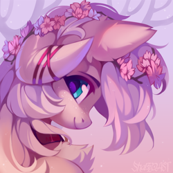 Size: 800x800 | Tagged: safe, artist:lispp, artist:share dast, oc, oc only, oc:champagne supernova, species:pony, chest fluff, cute, female, flower, flower in hair, fluffy, freckles, looking at you, mare, ocbetes, profile, ribbon, smiling, solo