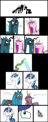 Size: 4272x10752 | Tagged: safe, artist:mr100dragon100, character:princess cadance, character:queen chrysalis, character:shining armor, species:changeling, species:pony, ship:chrysarmordance, broken english, changelingified, comic, female, floppy ears, hug, hug sandwich, male, polyamory, ponified, shipping, species swap, straight