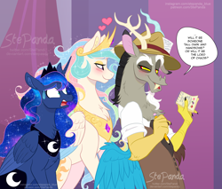 Size: 2000x1707 | Tagged: safe, artist:stepandy, character:discord, character:princess celestia, character:princess luna, species:alicorn, species:draconequus, species:pony, ship:dislestia, episode:the beginning of the end, g4, my little pony: friendship is magic, bedroom eyes, blushing, chest fluff, clothing, confused, crown, dialogue, ear fluff, ethereal mane, eyebrows, eyeshadow, female, fluffy, galaxy mane, hat, heart, jewelry, lidded eyes, lightly watermarked, looking at each other, makeup, male, mare, neck fluff, notebook, notepad, pencil, press hat, raised eyebrow, regalia, reporter, romance, scene interpretation, shipping, shocked, smiling, smirk, sparkles, speech bubble, straight, sweat, sweatdrop, trio, watermark, wide eyes, wing fluff
