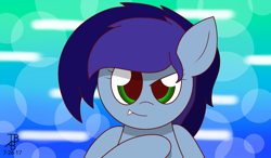 Size: 1280x750 | Tagged: safe, artist:thebadbadger, oc, oc:blue bat, species:bat pony, species:pony, abstract background, date, fangs, floppy ears, looking at you, raised hoof