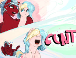 Size: 3000x2289 | Tagged: safe, artist:testostepone, oc, oc:melon frost, oc:teacup cake, species:pony, clueless, cunt, cute, descriptive noise, ear piercing, horse noises, laughing, piercing, vulgar, whispering