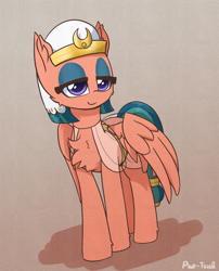 Size: 996x1230 | Tagged: safe, artist:puetsua, character:somnambula, species:pegasus, species:pony, g4, chest fluff, clothing, ear fluff, female, headdress, lidded eyes, mare, smiling, solo, wings
