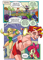 Size: 610x851 | Tagged: safe, artist:art-2u, character:apple bloom, character:applejack, oc, oc:ketchup water, comic:sweet home appleloosa wrestling, my little pony:equestria girls, apple bloom's bow, armband, armpits, background human, boots, bow, breasts, busty applejack, camera, clothing, comic, hair bow, knee pads, leotard, muscles, shoes, shorts, sports, wrestler, wrestling, wrestling ring, wristband