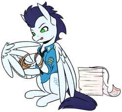 Size: 901x830 | Tagged: safe, artist:ak4neh, character:soarin', species:pegasus, species:pony, clothing, male, old cutie mark, paperwork, procrastination, rubber band, simple background, solo, stallion, transparent background, uniform, wing hands, wing hold, wings, wonderbolts dress uniform