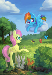 Size: 840x1200 | Tagged: safe, artist:asimos, artist:maytee, character:fluttershy, character:rainbow dash, species:bird, species:fox, species:pegasus, species:pony, species:rabbit, butterfly, cloud, collaboration, colored pupils, confused, cute, dashabetes, fanfic art, female, field, filly, filly fluttershy, filly rainbow dash, frown, hiding, looking back, looking down, looking up, mouse, nature, open mouth, outdoors, prone, raised hoof, scenery, shyabetes, sky, smiling, snake, snek, spread wings, squirrel, tree, wings, young, younger