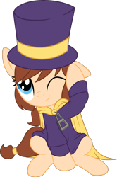 Size: 4041x6095 | Tagged: safe, artist:pink1ejack, edit, species:pony, a hat in time, absurd resolution, cape, clothing, cute, female, filly, hat, hat kid, one eye closed, ponified, simple background, sitting, smiling, solo, transparent background, vector, weapons-grade cute, wink
