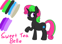 Size: 1400x1000 | Tagged: safe, artist:spritepony, oc, oc only, oc:sweet tea belle, species:pony, donut steel, joke oc, recolor, reference sheet, shitposting, simple background, solo, text