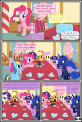 Size: 3255x4838 | Tagged: safe, artist:gutovi, character:applejack, character:fluttershy, character:pinkie pie, character:princess luna, character:rainbow dash, character:rarity, character:twilight sparkle, character:twilight sparkle (alicorn), species:alicorn, species:earth pony, species:pegasus, species:pony, species:unicorn, comic:why me!?, alternate ending, applejack gets all the mares, coffee, coffee mug, comic, cup, curtains, explicit series, harem, mane six, mug, polyamory, polygamy, show accurate, sugarcube corner, table, teacup, window