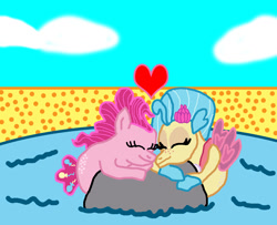 Size: 1300x1058 | Tagged: safe, artist:bigpurplemuppet99, character:pinkie pie, character:princess skystar, species:seapony (g4), ship:skypie, eyes closed, female, floating heart, heart, lesbian, nuzzling, seaponified, seapony pinkie pie, shipping, species swap