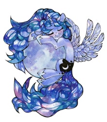 Size: 1080x1227 | Tagged: safe, artist:lispp, artist:share dast, character:princess luna, species:alicorn, species:pony, colored pencil drawing, female, mare, moon, simple background, sleeping, solo, tangible heavenly object, traditional art, watercolor painting, white background