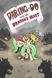 Size: 820x1231 | Tagged: safe, artist:phallen1, character:daring do, character:fluttershy, oc, oc:shimmerwing, daringverse, book cover, recolor