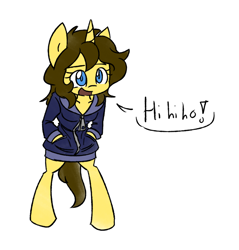 Size: 1186x1240 | Tagged: safe, artist:spheedc, oc, oc only, oc:dream chaser, species:pony, species:unicorn, bipedal, clothing, dialogue, digital art, female, hoodie, jacket, mare, rule 63, semi-anthro, simple background, solo, speech bubble, white background