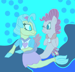 Size: 1300x1235 | Tagged: safe, artist:bigpurplemuppet99, character:pinkie pie, character:princess skystar, species:seapony (g4), ship:skypie, clothes swap, clothing, cosplay, costume, equestria girls outfit, female, lesbian, one eye closed, seaponified, seapony pinkie pie, shipping, species swap, wink