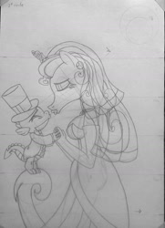Size: 1024x1412 | Tagged: safe, artist:supra80, character:mane-iac, character:spike, species:anthro, clothing, dress, ear piercing, earring, hat, imminent kissing, jewelry, kissing, lipstick, marriage, necklace, pencil drawing, piercing, ring, spike-iac, tiara, top hat, traditional art, tuxedo, wedding, wedding dress, wedding ring, wedding veil