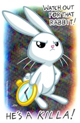Size: 720x1113 | Tagged: safe, artist:texasuberalles, character:angel bunny, species:rabbit, abstract background, angry, clock, killer rabbit, male, monty python, monty python and the holy grail, rabbit of caerbannog, solo