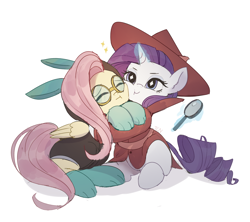 Size: 1800x1600 | Tagged: safe, artist:tcn1205, character:fluttershy, character:rarity, species:pony, ship:rarishy, episode:sparkle's seven, g4, my little pony: friendship is magic, adorkable, bunny ears, cheek squish, clothing, costume, cute, dangerous mission outfit, dawwww, detective rarity, dork, female, folded wings, glowing horn, goggles, hoodie, lesbian, magic, magnifying glass, raribetes, shipping, shyabetes, simple background, sitting, snuggling, squishy cheeks, weapons-grade cute, white background, wings