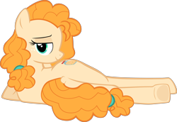Size: 10800x7441 | Tagged: safe, artist:mrkat7214, character:pear butter, species:earth pony, species:pony, absurd resolution, bedroom eyes, dock, draw me like one of your french girls, female, looking at you, looking back, looking back at you, lying down, mare, milf, plot, profile, show accurate, simple background, solo, sultry pose, transparent background, underhoof, vector
