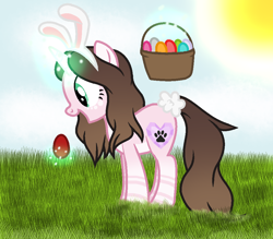 Size: 1000x876 | Tagged: safe, artist:cindydreamlight, oc, oc:cindy, species:pony, species:unicorn, basket, bunny ears, easter egg, female, glowing horn, horn, magic, mare, open mouth, paw prints, smiling, solo, telekinesis, unicorn oc
