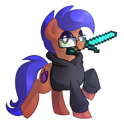 Size: 1256x1248 | Tagged: safe, artist:drawntildawn, oc, oc only, oc:odyssey flash, species:pegasus, species:pony, clothing, diamond sword, hidden wings, hoodie, minecraft, mouth hold, sword, weapon