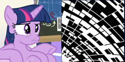 Size: 2000x1000 | Tagged: safe, artist:katya, character:twilight sparkle, character:twilight sparkle (alicorn), species:alicorn, species:pony, episode:sparkle's seven, g4, my little pony: friendship is magic, chalkboard, female, pouting, sitting, solo