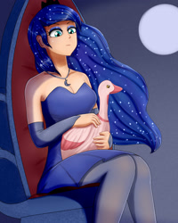 Size: 1600x2000 | Tagged: safe, artist:focusb, character:princess luna, species:human, episode:sparkle's seven, g4, my little pony: friendship is magic, animal, bare shoulders, clothing, crown, dress, evening gloves, eyeshadow, female, gloves, goose, humanized, jewelry, long gloves, luna petting goose, makeup, necklace, regalia, sleeveless, solo, strapless