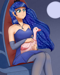 Size: 1600x2000 | Tagged: safe, alternate version, artist:focusb, character:princess luna, species:bird, species:human, episode:sparkle's seven, g4, my little pony: friendship is magic, animal, breasts, clothing, female, goose, humanized, luna petting goose, throne