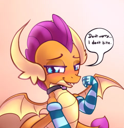 Size: 1280x1322 | Tagged: safe, artist:heavymetalbronyyeah, character:smolder, species:dragon, arm warmers, blushing, clothing, collar, cute, dialogue, dragoness, evening gloves, fangs, female, gloves, lidded eyes, long gloves, looking at you, smolderbetes, solo, speech bubble