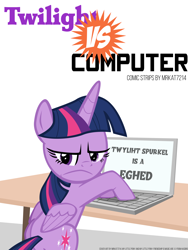Size: 3000x4000 | Tagged: safe, artist:mrkat7214, character:twilight sparkle, character:twilight sparkle (alicorn), species:alicorn, species:pony, comic:twilight vs. computer, aside glance, comic, computer, cover, female, laptop computer, looking at you, looking sideways, misspelling, solo, twilight is not amused, unamused